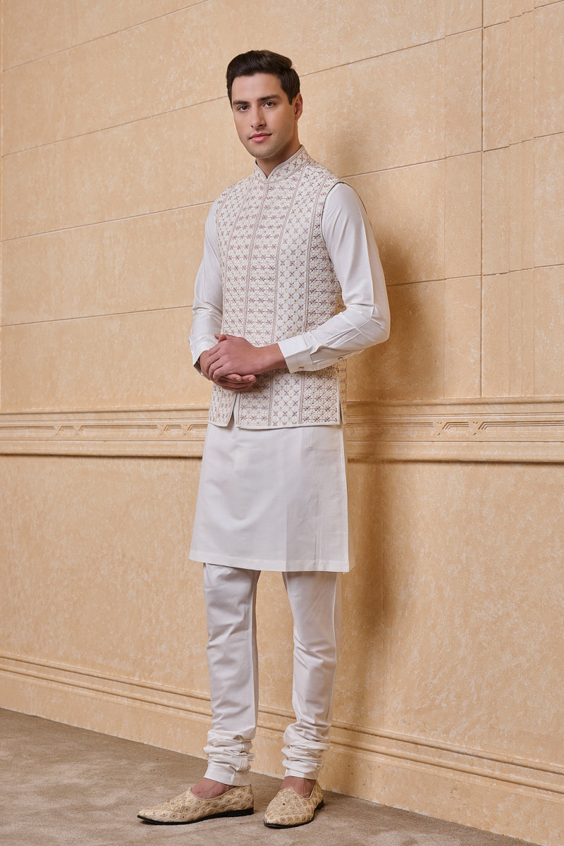 Ivory All Over Embroidered Kurta Bundi Set