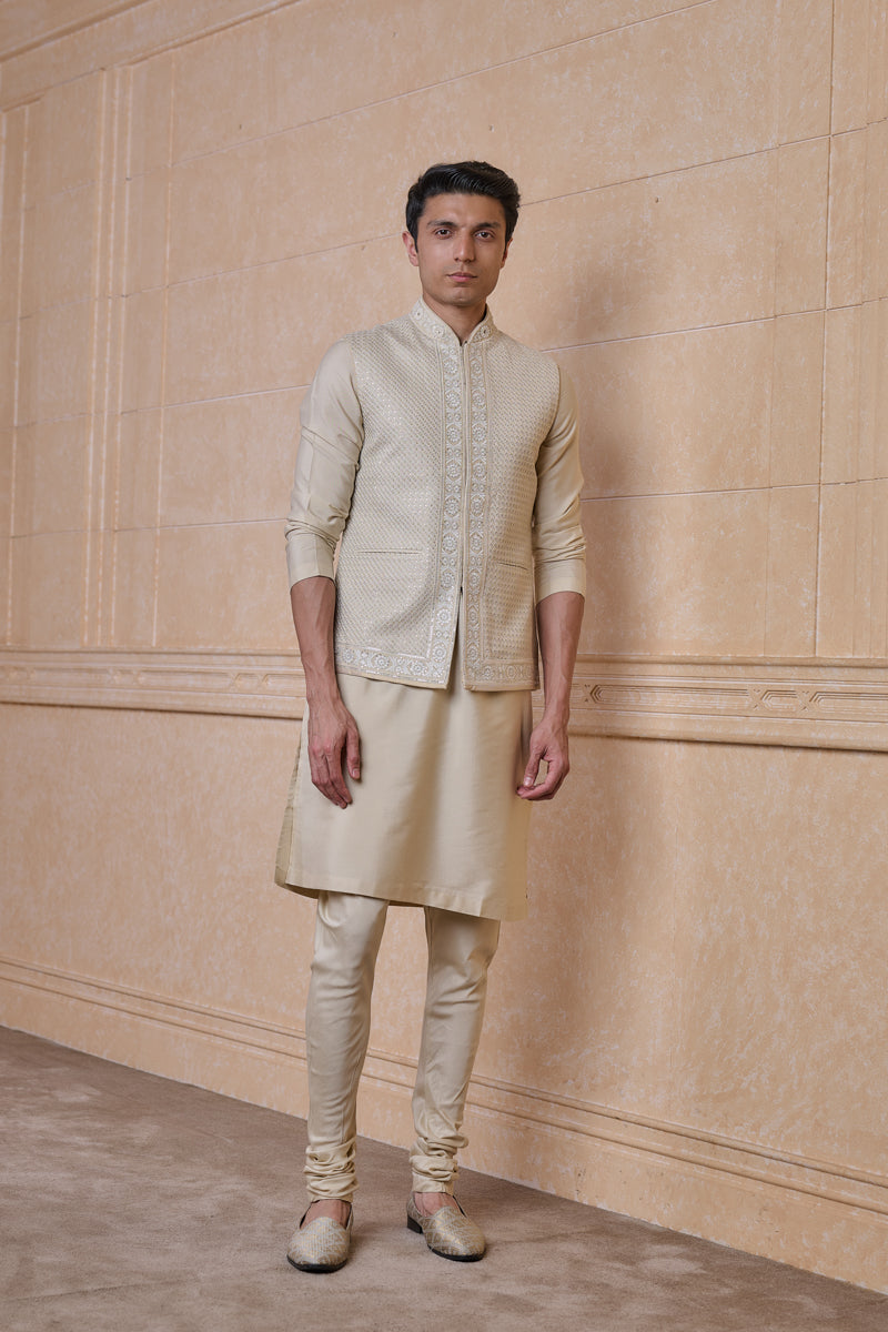 Beige Embroidered Kurta Bundi Set