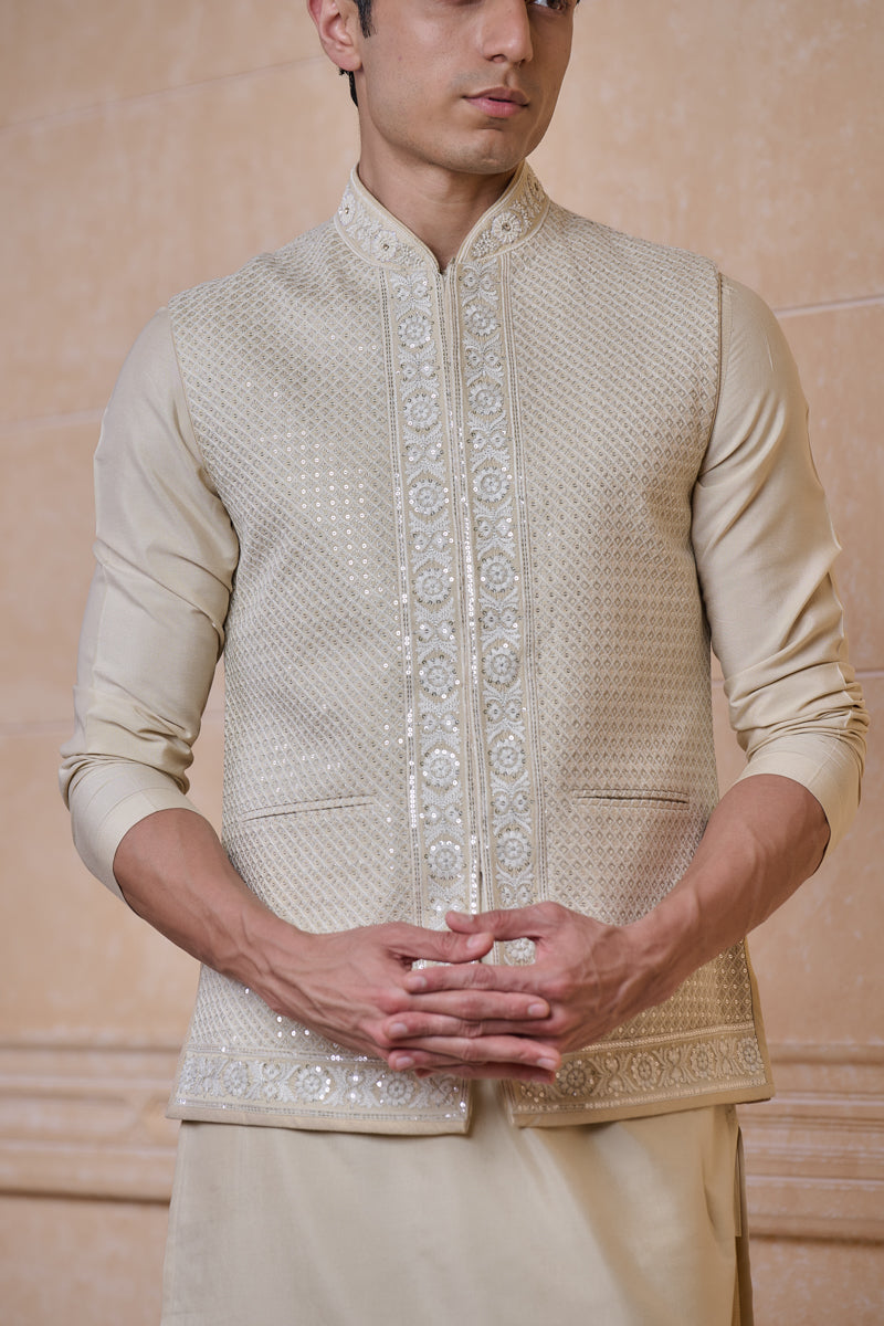 Beige Embroidered Kurta Bundi Set