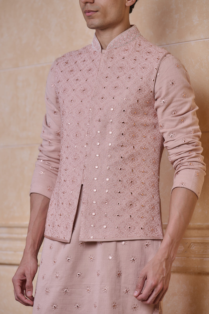 Pink All Over Embroidered Kurta Bundi Set