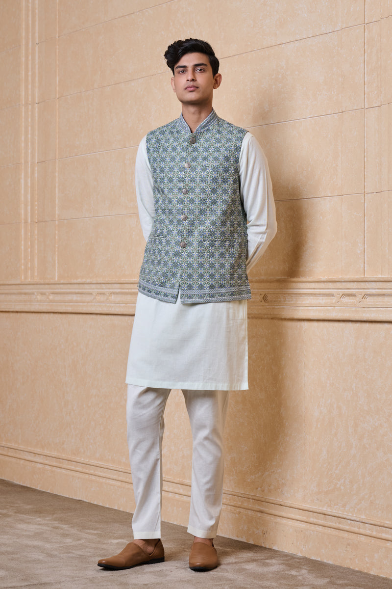 Light Green All Over Cotton Printed Kurta Bundi Set