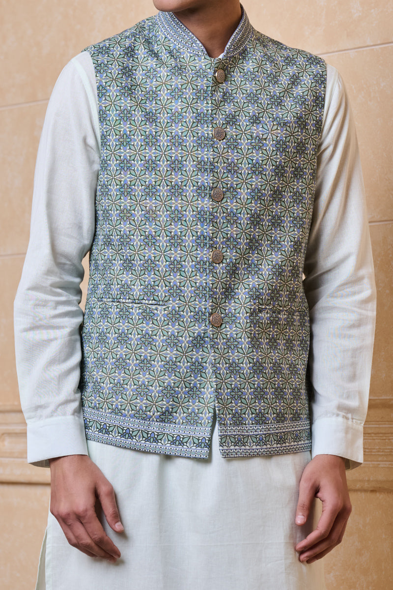 Light Green All Over Cotton Printed Kurta Bundi Set