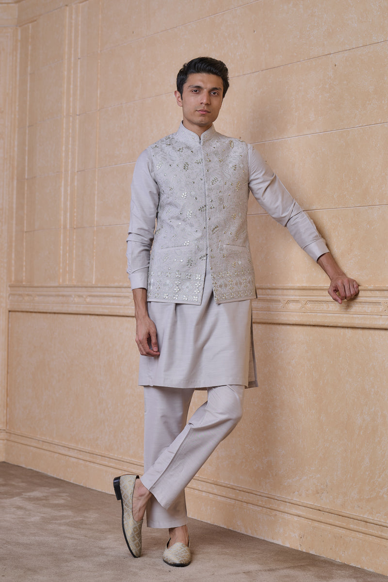 Light Grey All Over Tonal Thread Work Kurta Bundi Set