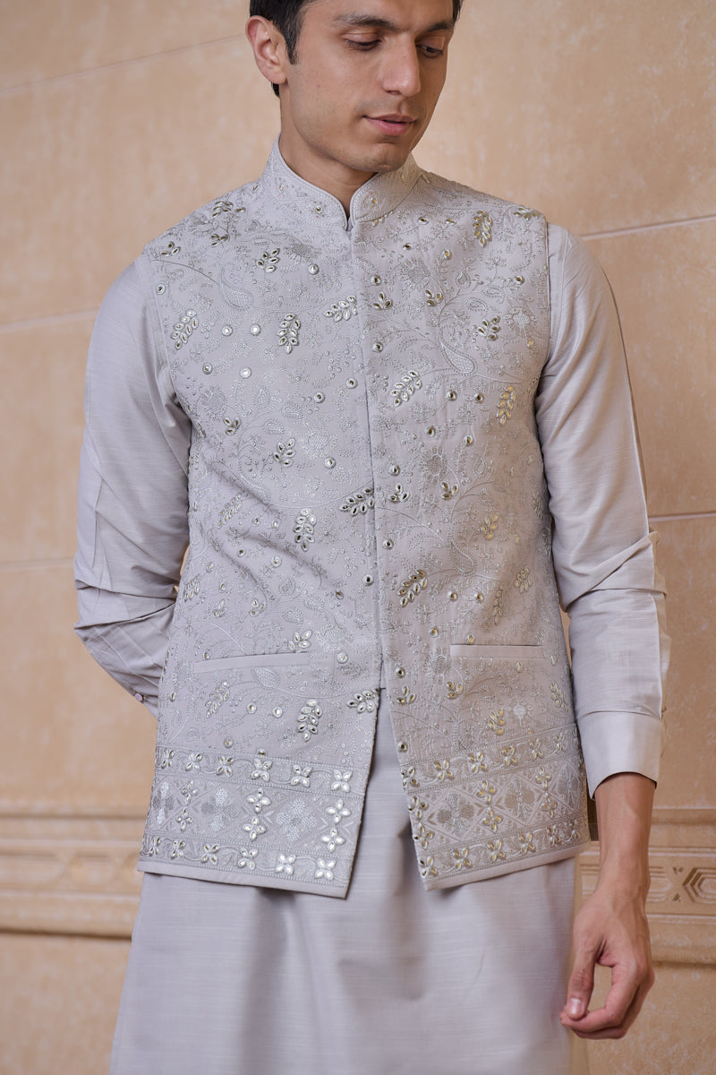 Light Grey All Over Tonal Thread Work Kurta Bundi Set