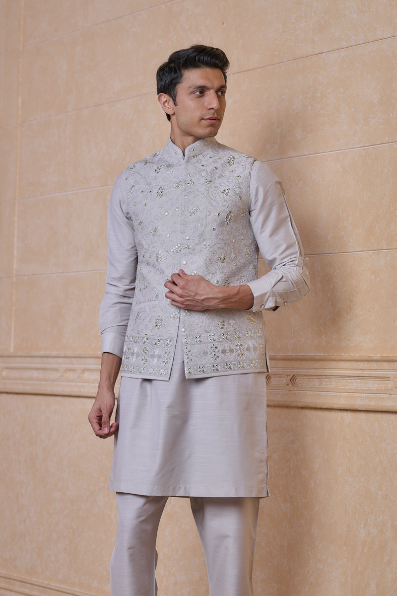 Light Grey All Over Tonal Thread Work Kurta Bundi Set