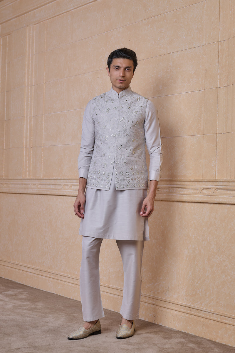 Light Grey All Over Tonal Thread Work Kurta Bundi Set