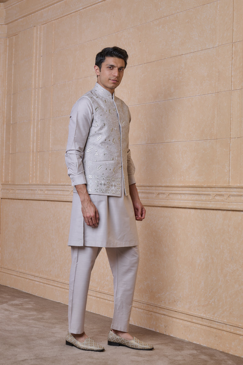 Light Grey All Over Tonal Thread Work Kurta Bundi Set