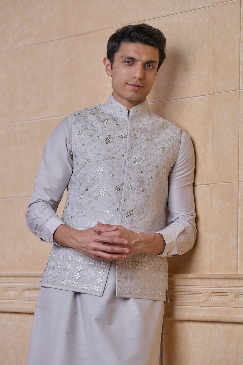 Light Grey All Over Tonal Thread Work Kurta Bundi Set