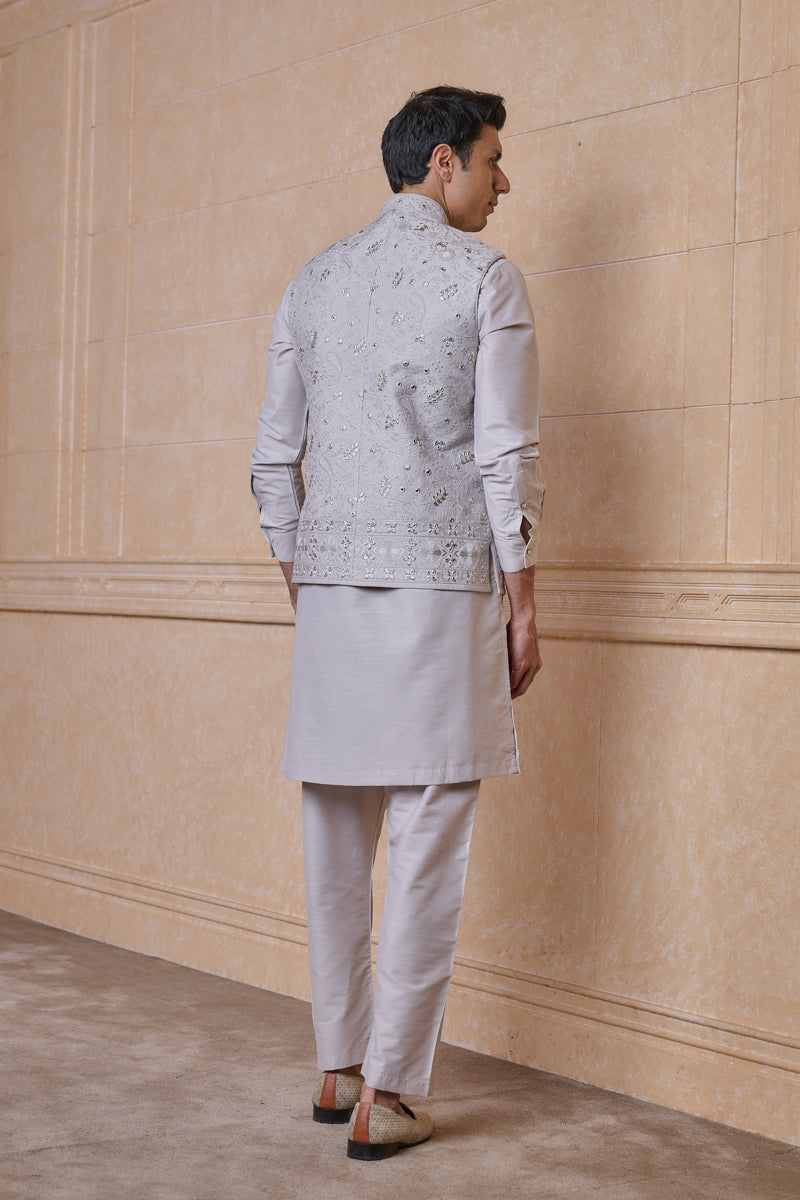 Light Grey All Over Tonal Thread Work Kurta Bundi Set