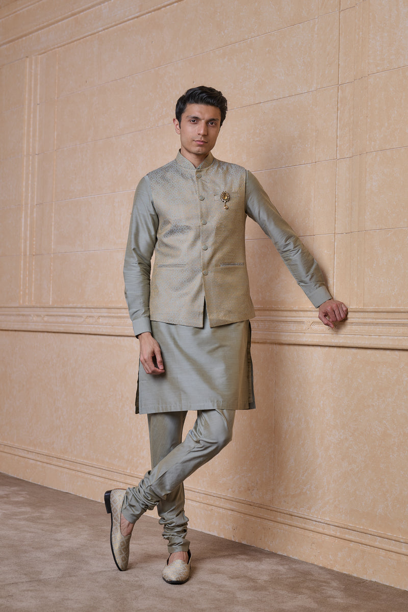 Light Green Brocade Kurta Bundi Set