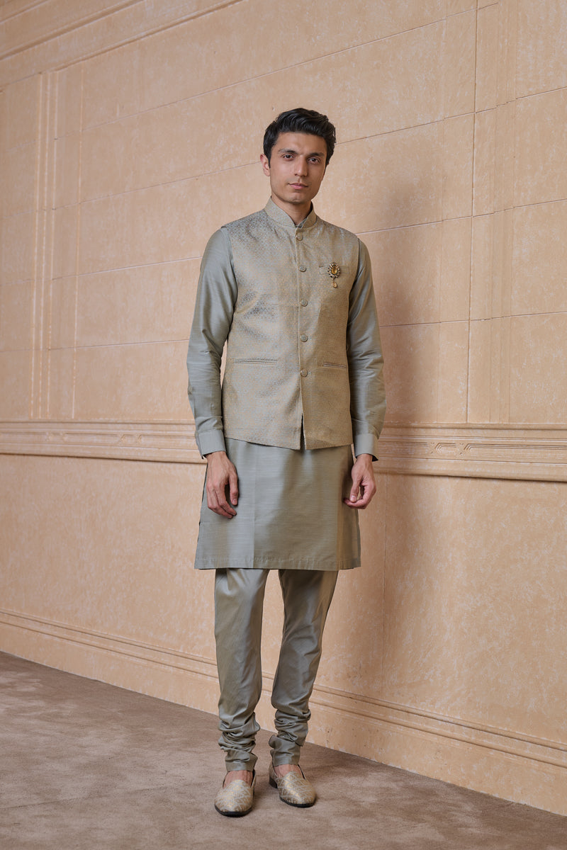 Light Green Brocade Kurta Bundi Set