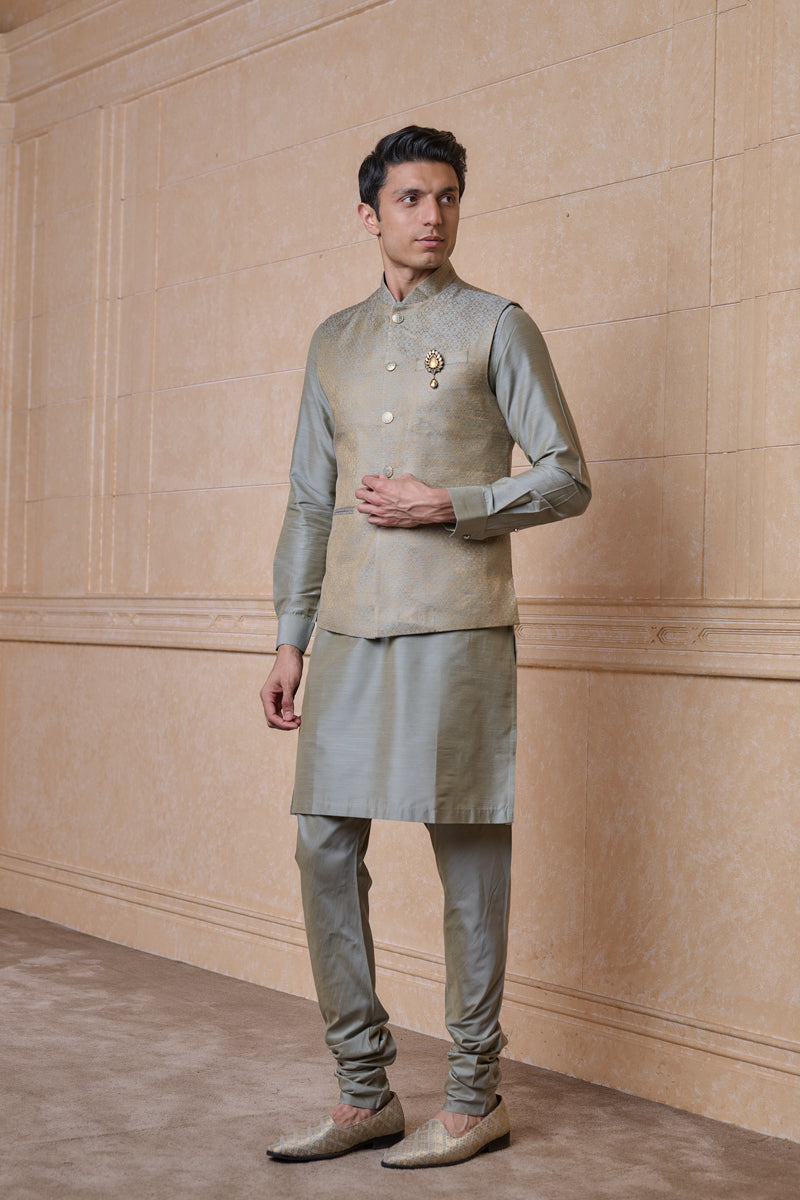 Light Green Brocade Kurta Bundi Set