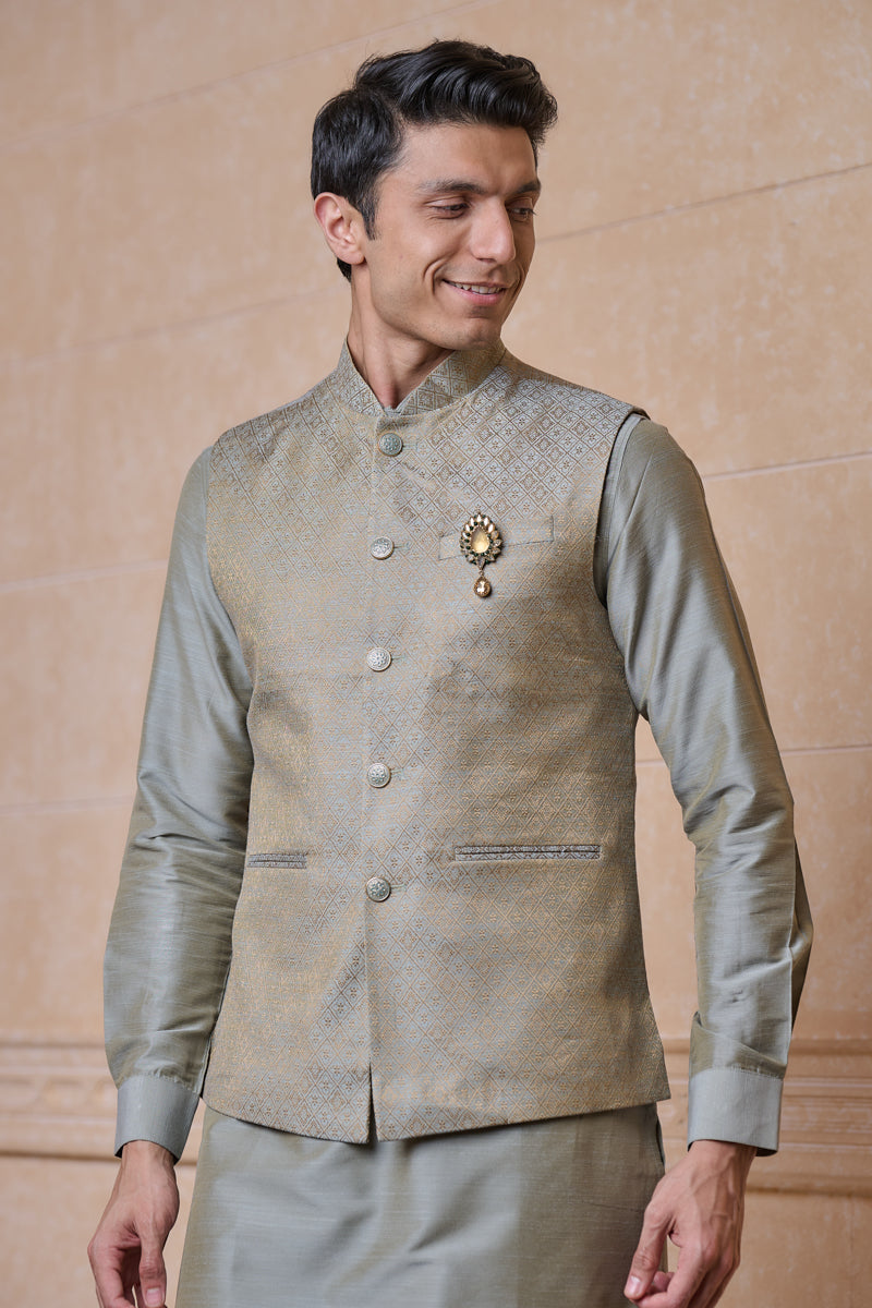 Light Green Brocade Kurta Bundi Set