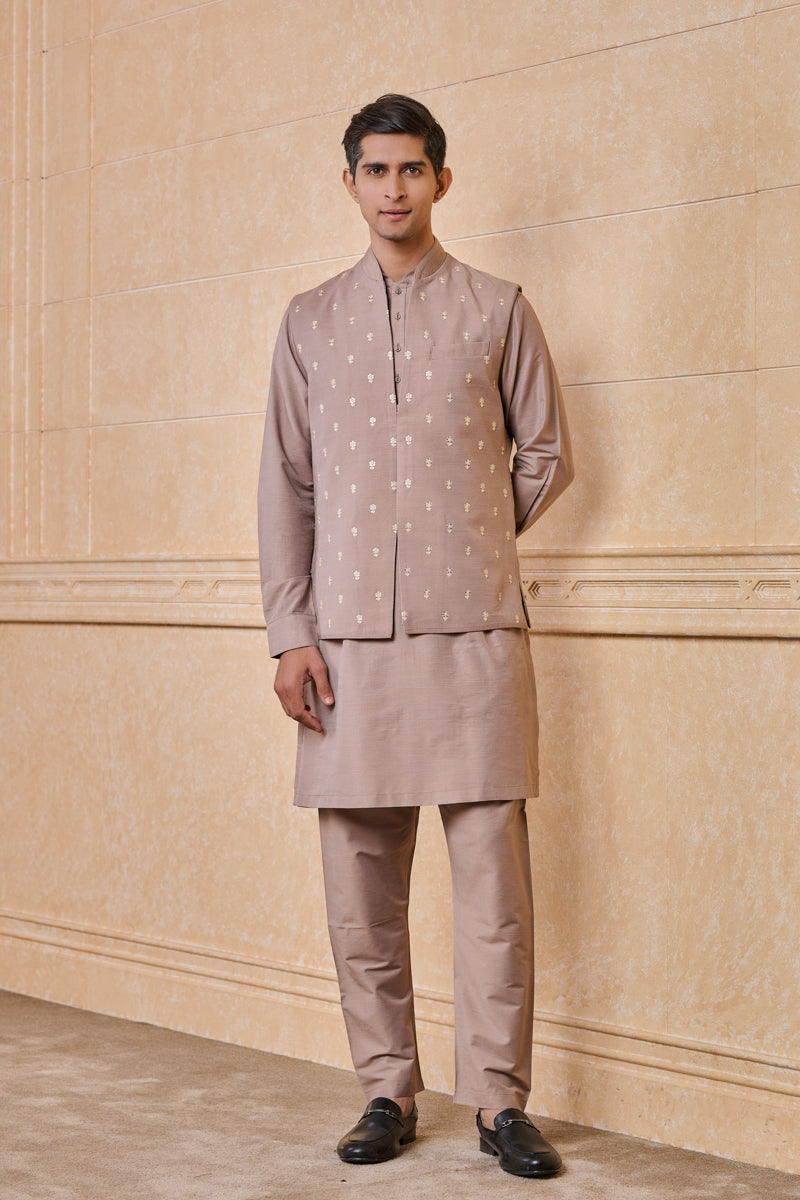 Beige All Over Embroidered Kurta Bundi Set