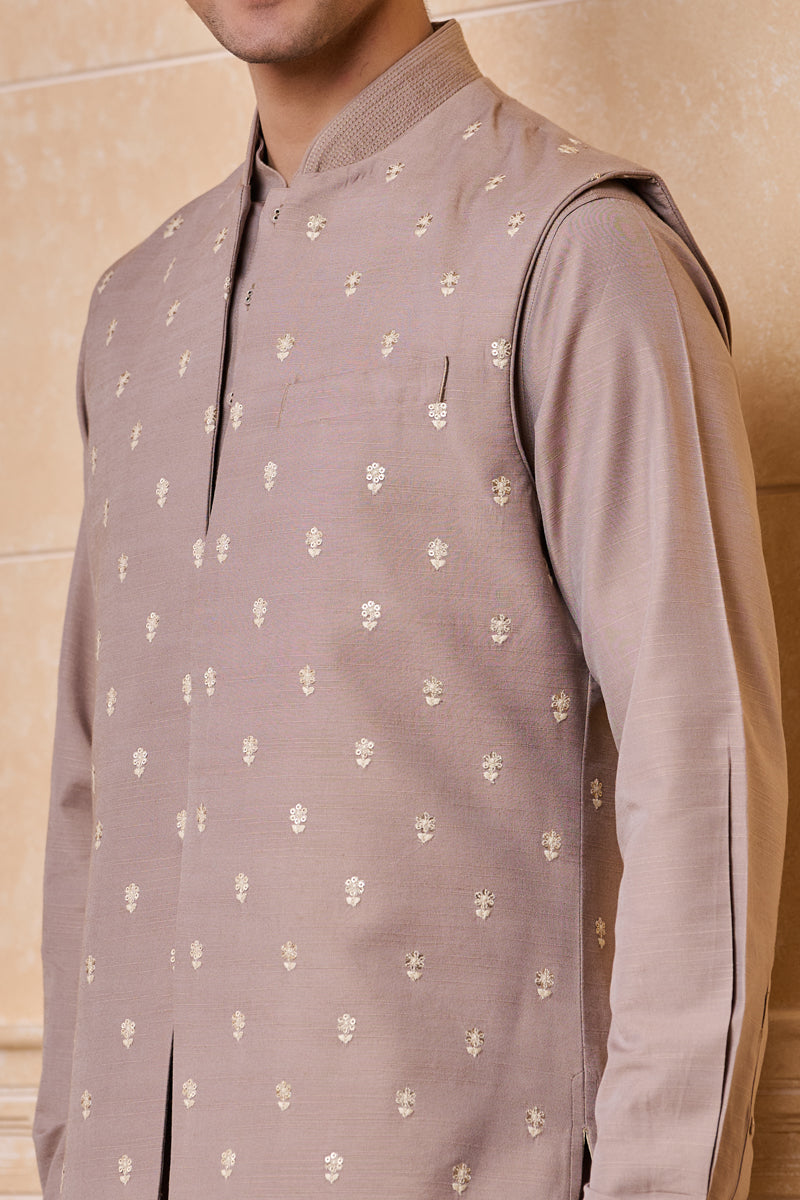 Beige All Over Embroidered Kurta Bundi Set