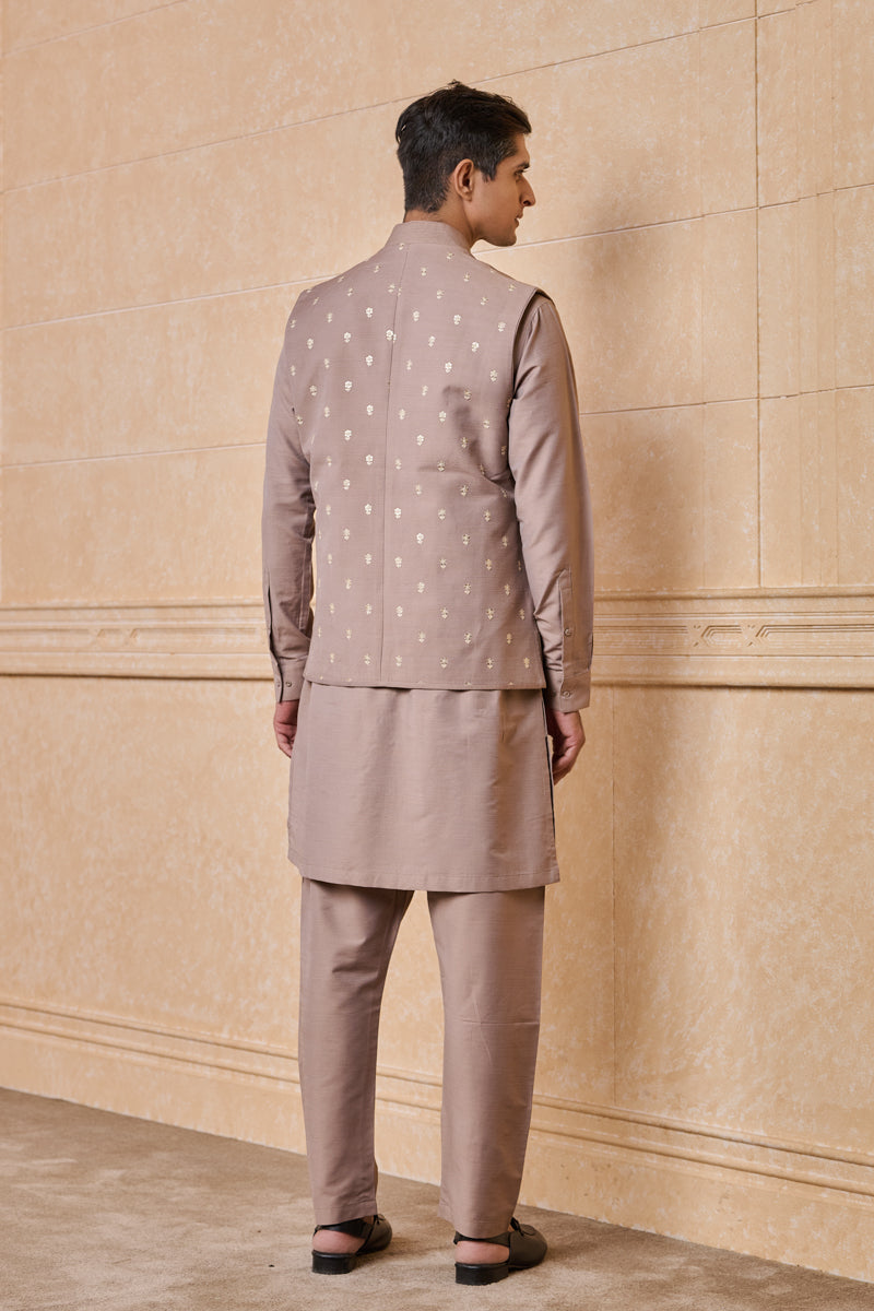 Beige All Over Embroidered Kurta Bundi Set