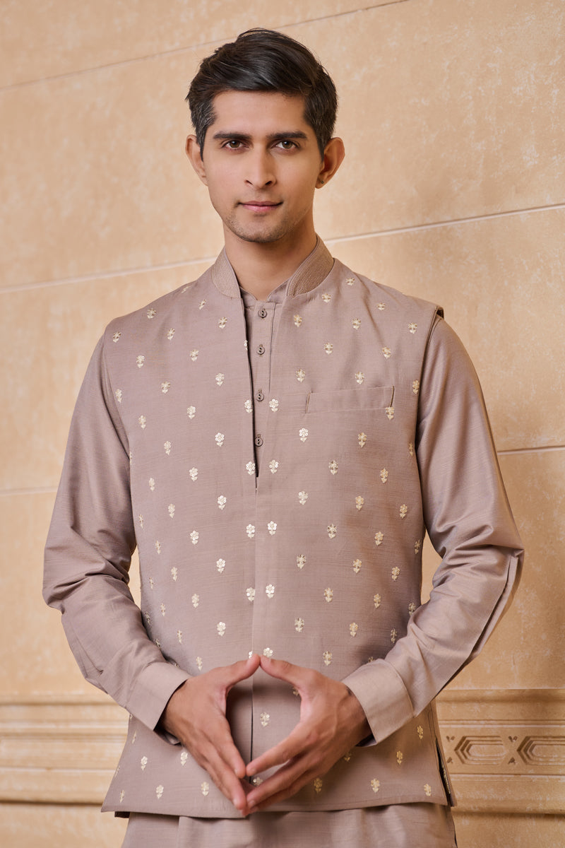 Beige All Over Embroidered Kurta Bundi Set