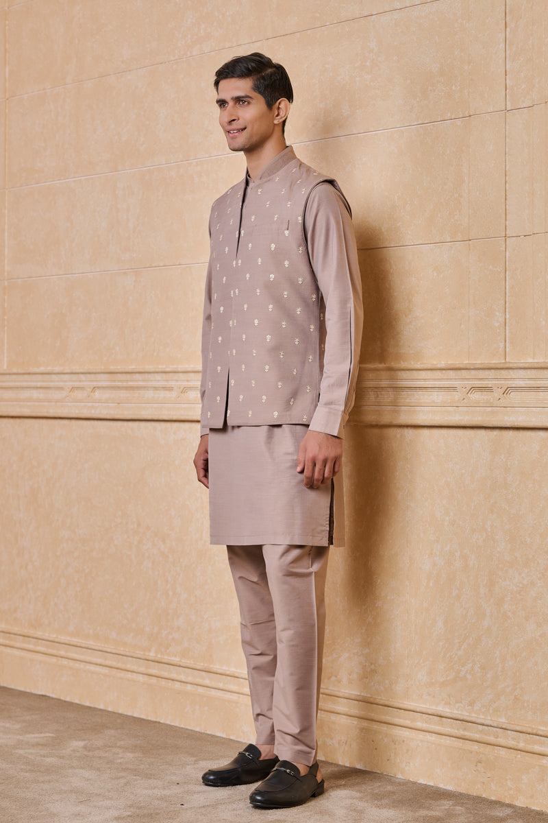 Beige All Over Embroidered Kurta Bundi Set