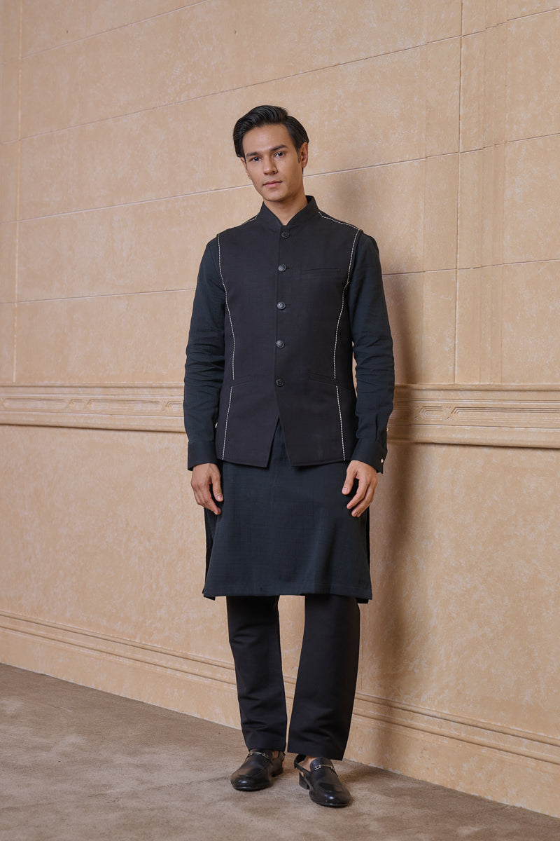 Black Solid Kurta Bundi Set