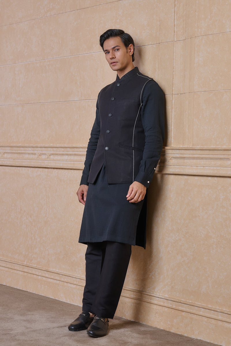 Black Solid Kurta Bundi Set