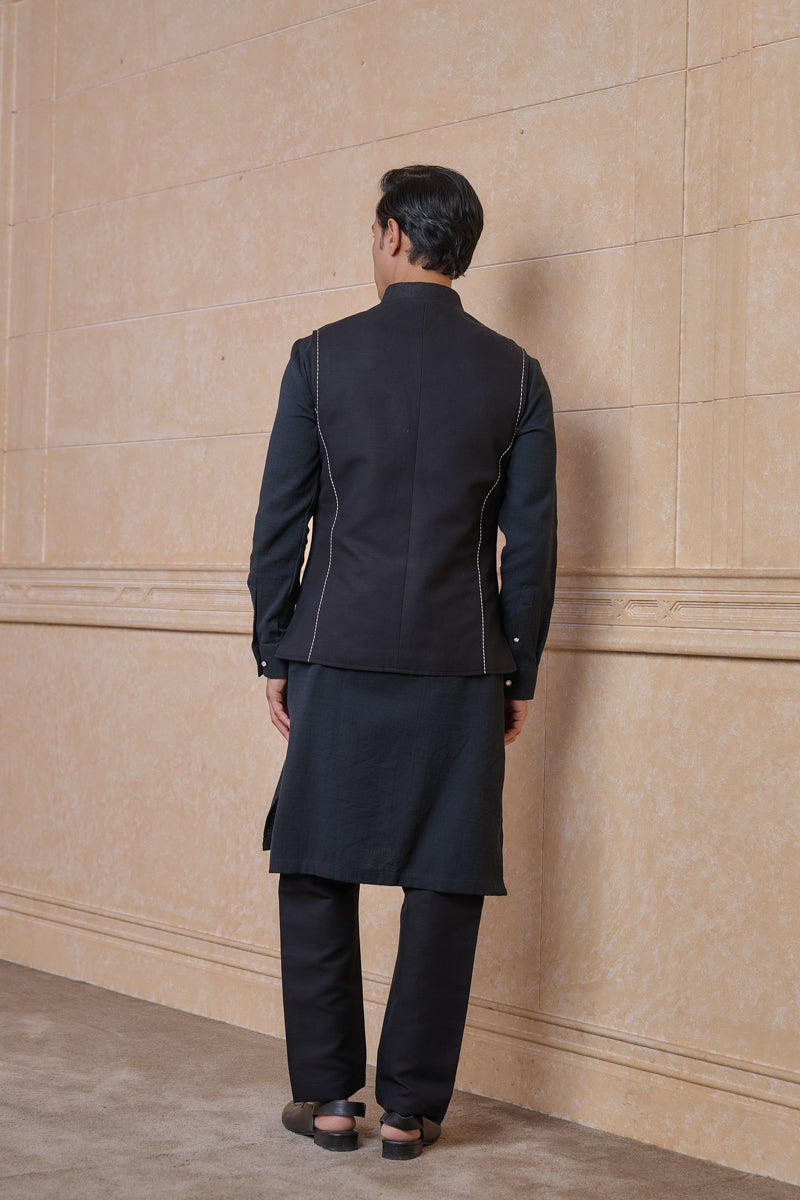 Black Solid Kurta Bundi Set