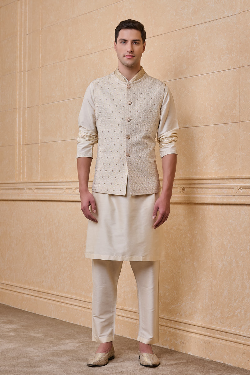 Ivory Brocade Kurta Bundi Set