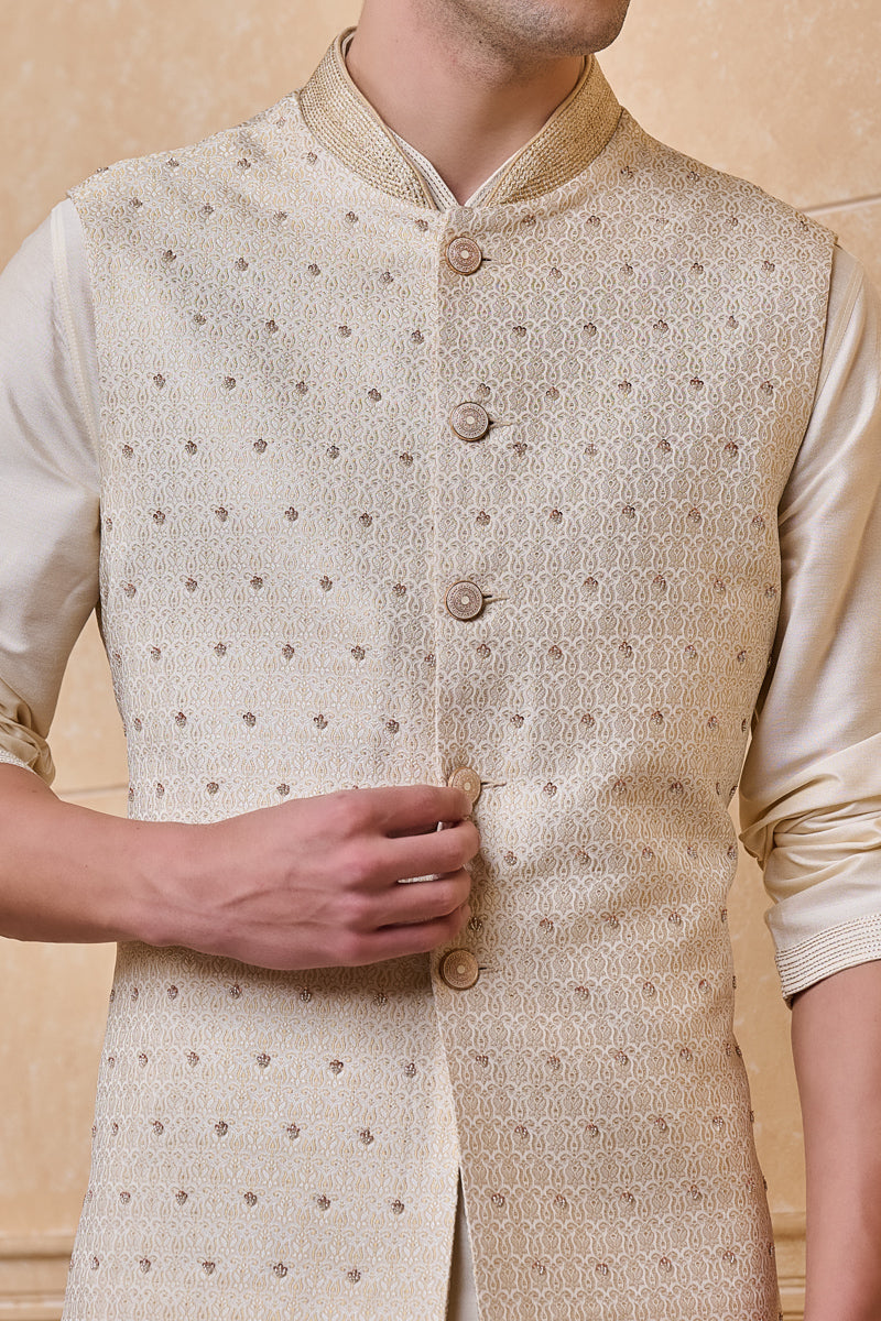 Ivory Brocade Kurta Bundi Set