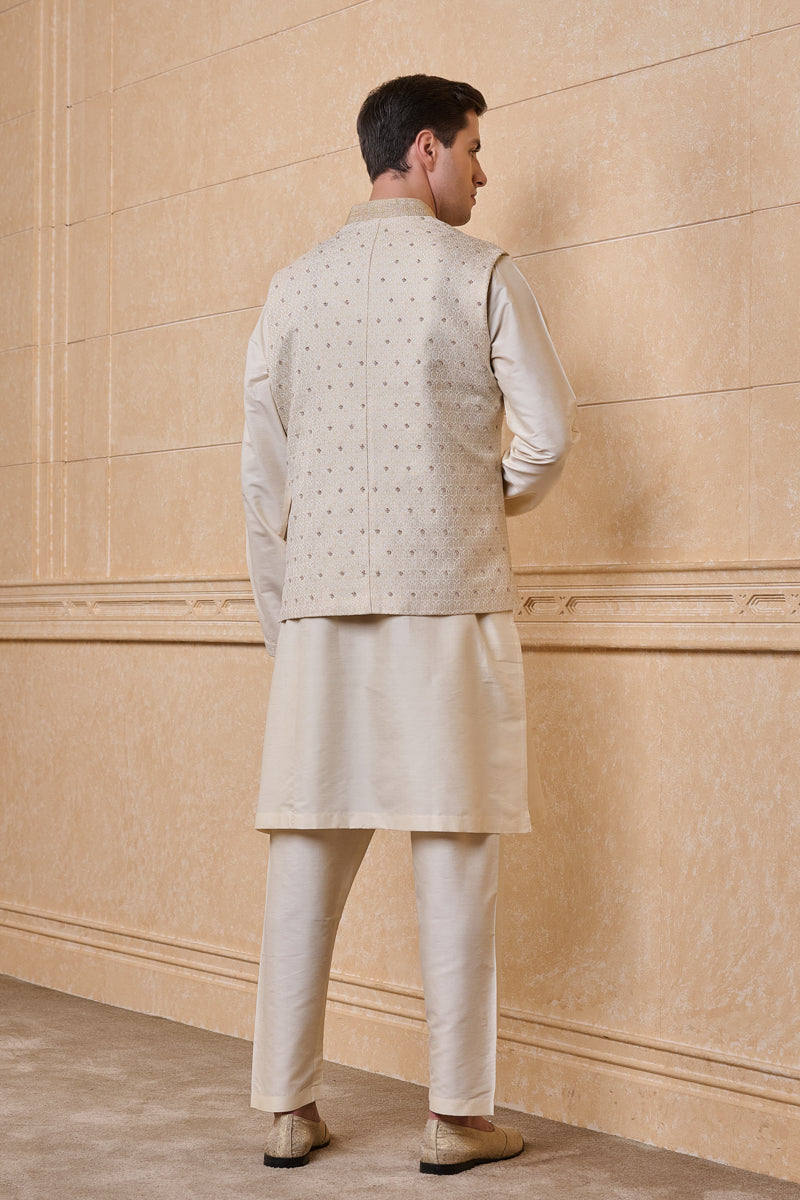 Ivory Brocade Kurta Bundi Set