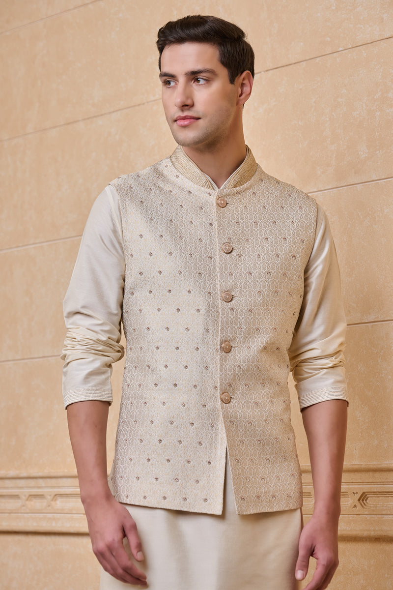 Ivory Brocade Kurta Bundi Set