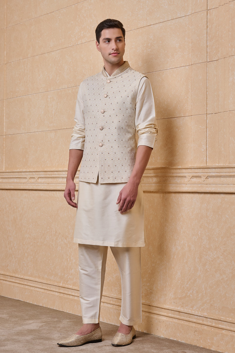 Ivory Brocade Kurta Bundi Set