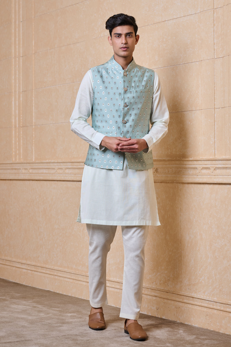 Green Classic Brocade Kurta Bundi Set