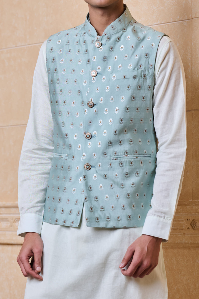 Green Classic Brocade Kurta Bundi Set