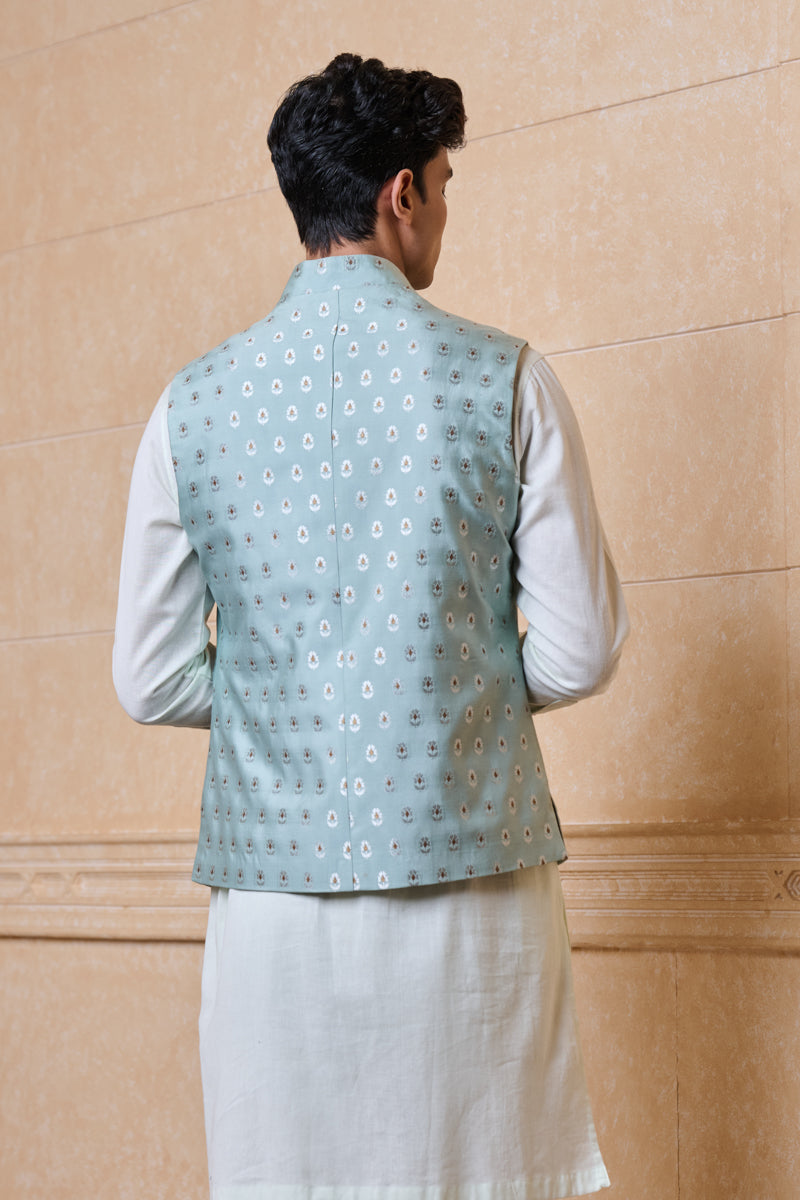 Green Classic Brocade Kurta Bundi Set