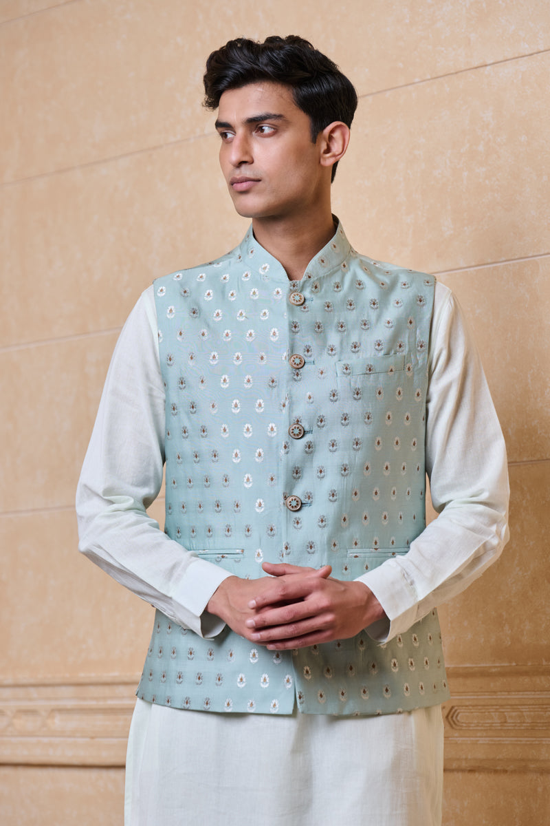 Green Classic Brocade Kurta Bundi Set