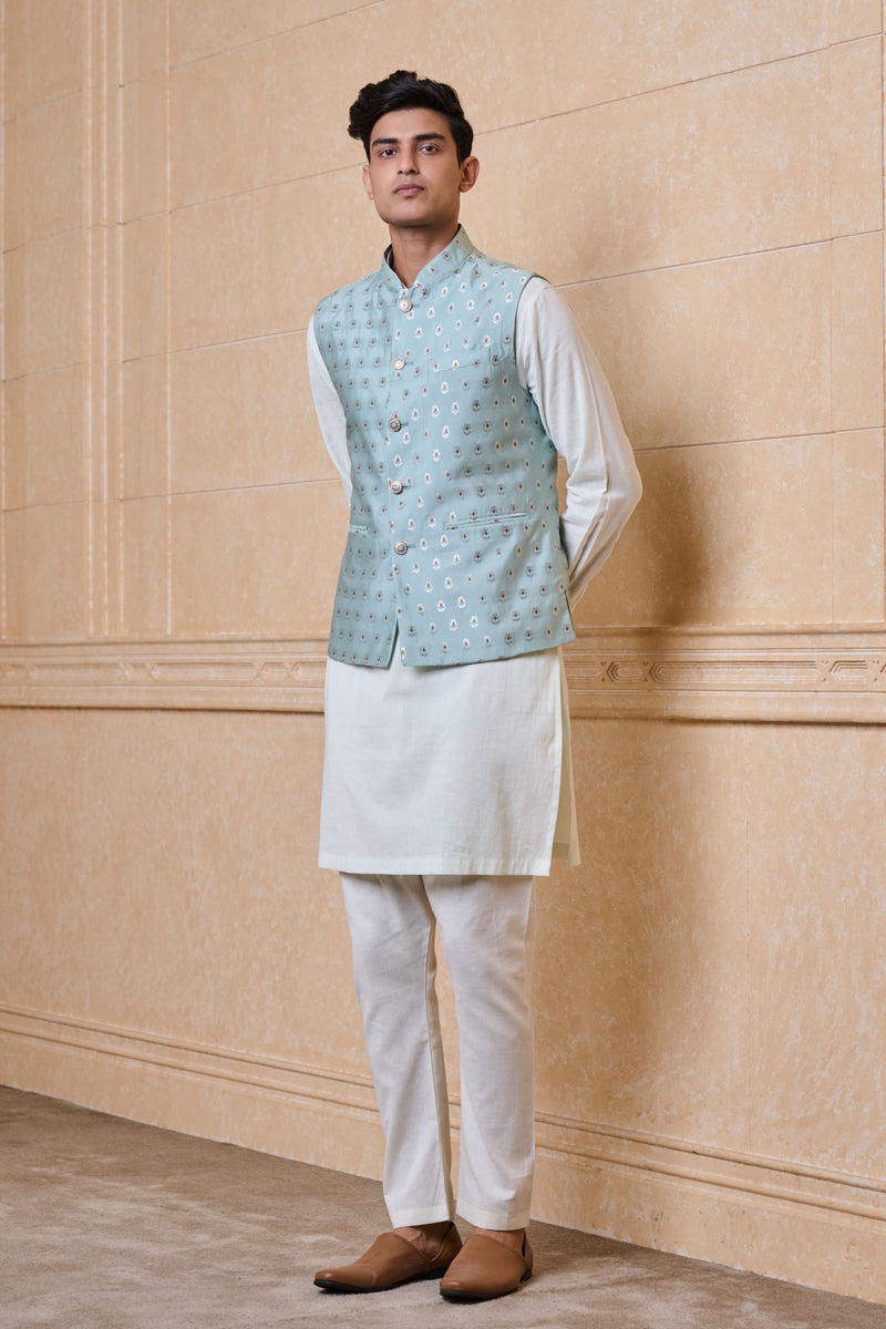 Green Classic Brocade Kurta Bundi Set