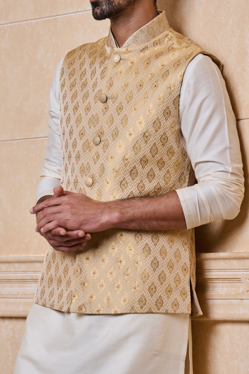 Gold Brocade Kurta Bundi Set