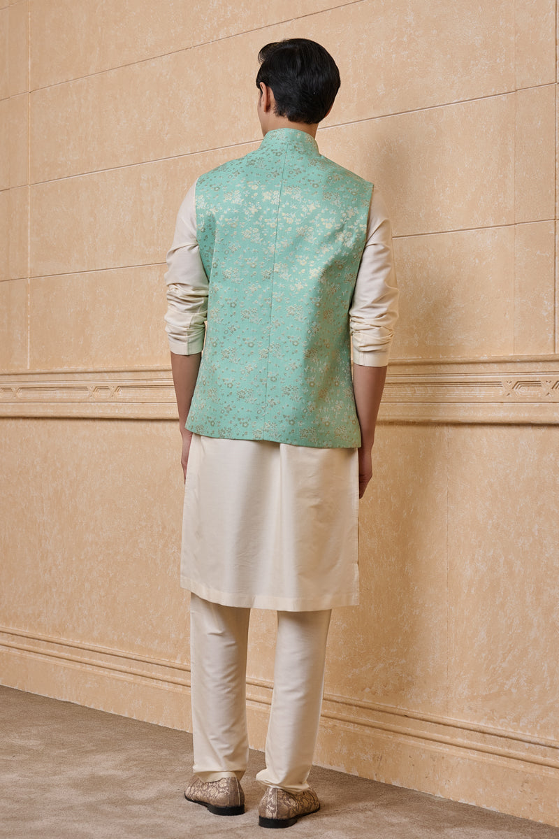 Green Classic Brocade Kurta Bundi Set