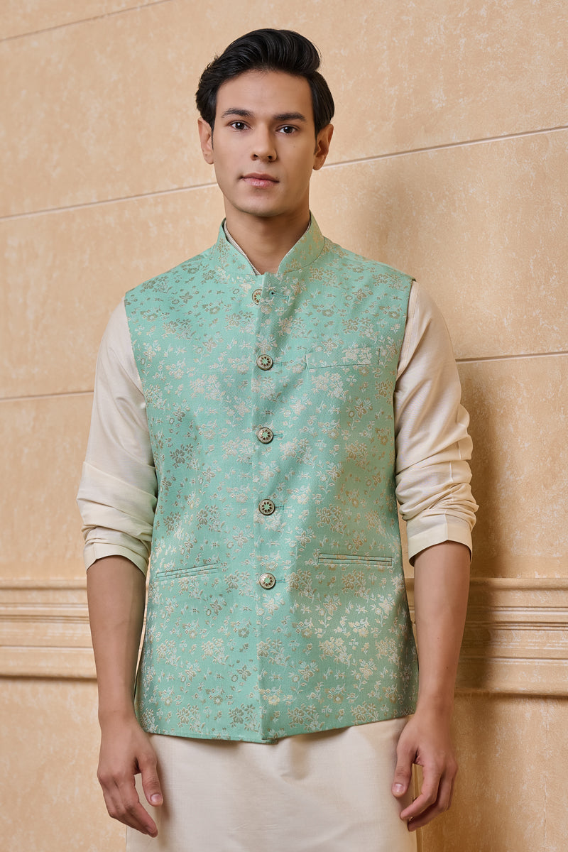 Green Classic Brocade Kurta Bundi Set