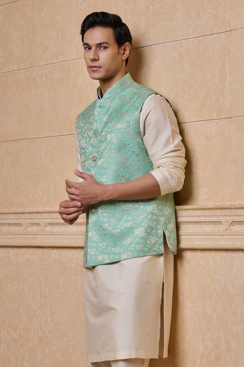 Green Classic Brocade Kurta Bundi Set