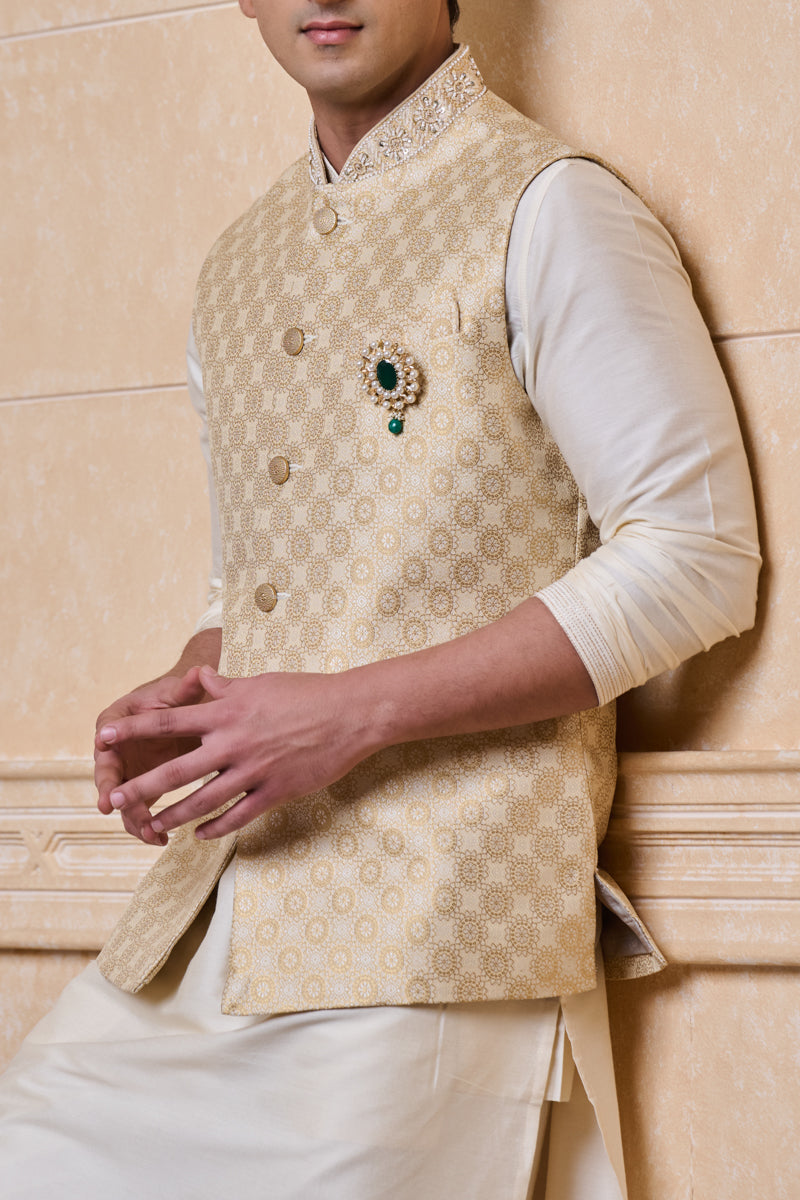 Gold Brocade Kurta Bundi Set