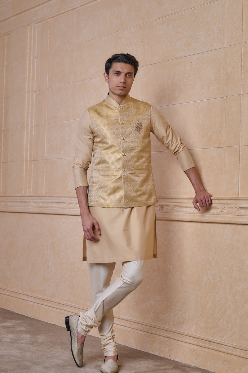 Gold Classic Brocade Kurta Bundi Set