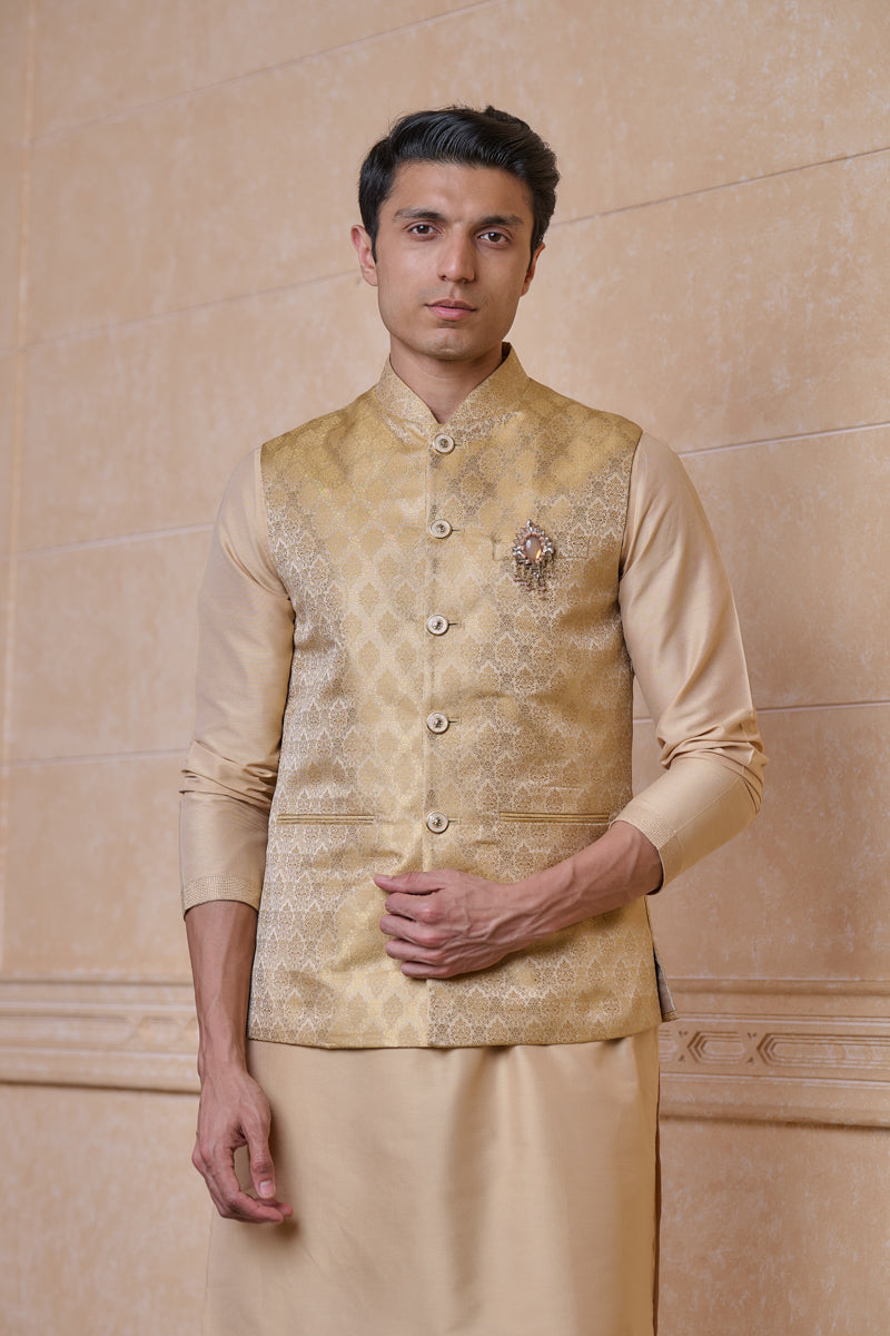 Gold Classic Brocade Kurta Bundi Set