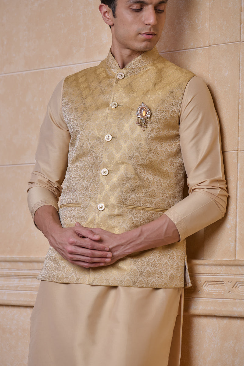 Gold Classic Brocade Kurta Bundi Set