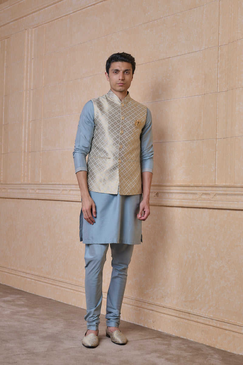 Light Blue Classic Brocade Kurta Bundi Set