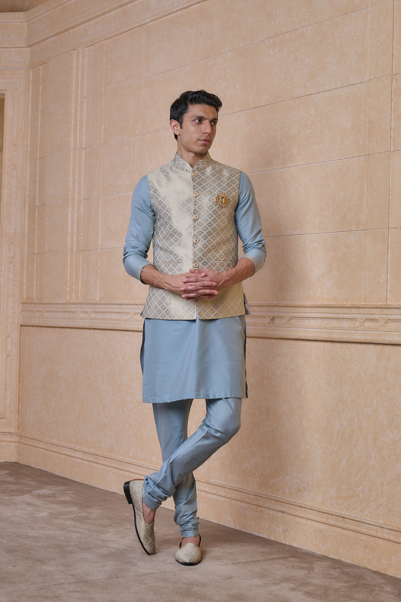 Light Blue Classic Brocade Kurta Bundi Set