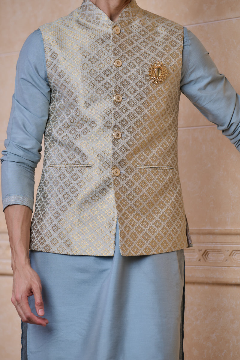 Light Blue Classic Brocade Kurta Bundi Set