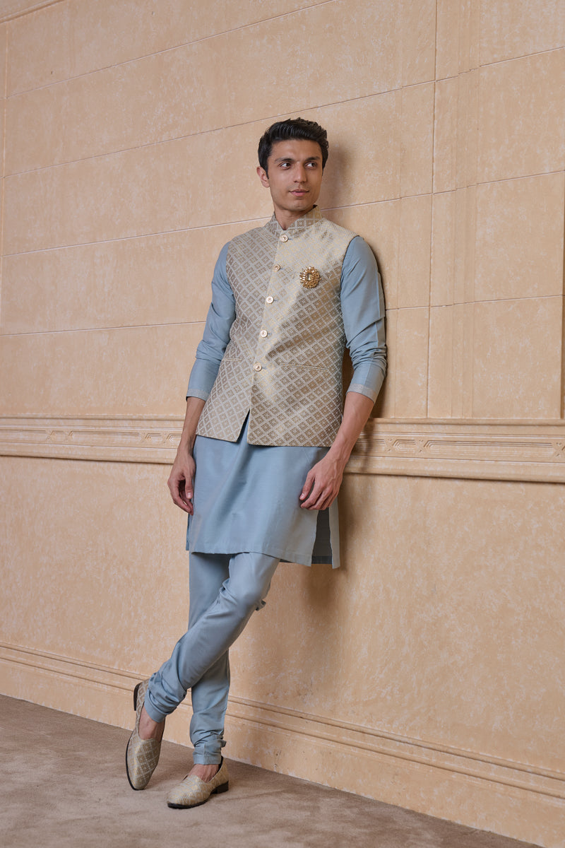 Light Blue Classic Brocade Kurta Bundi Set