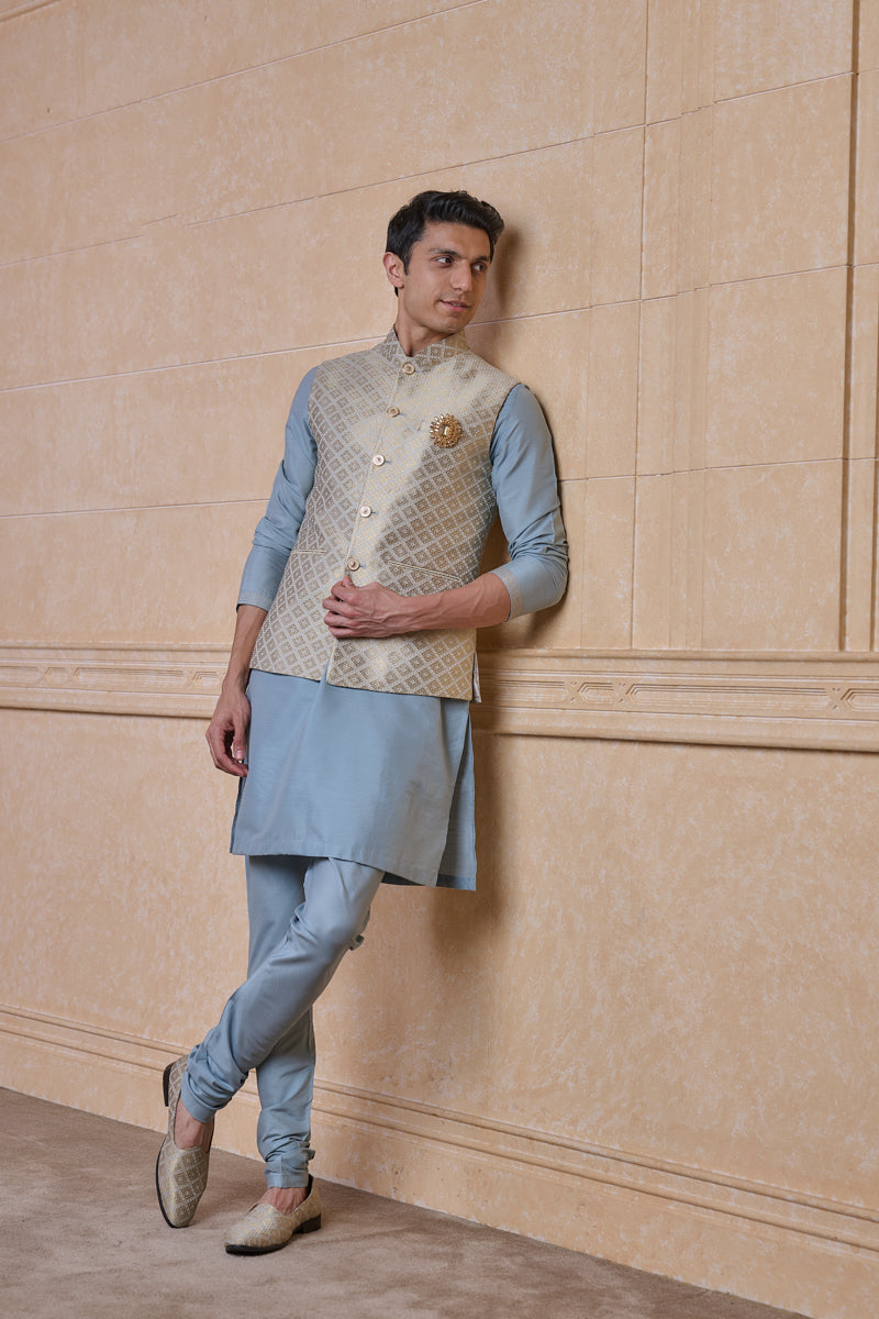 Light Blue Classic Brocade Kurta Bundi Set