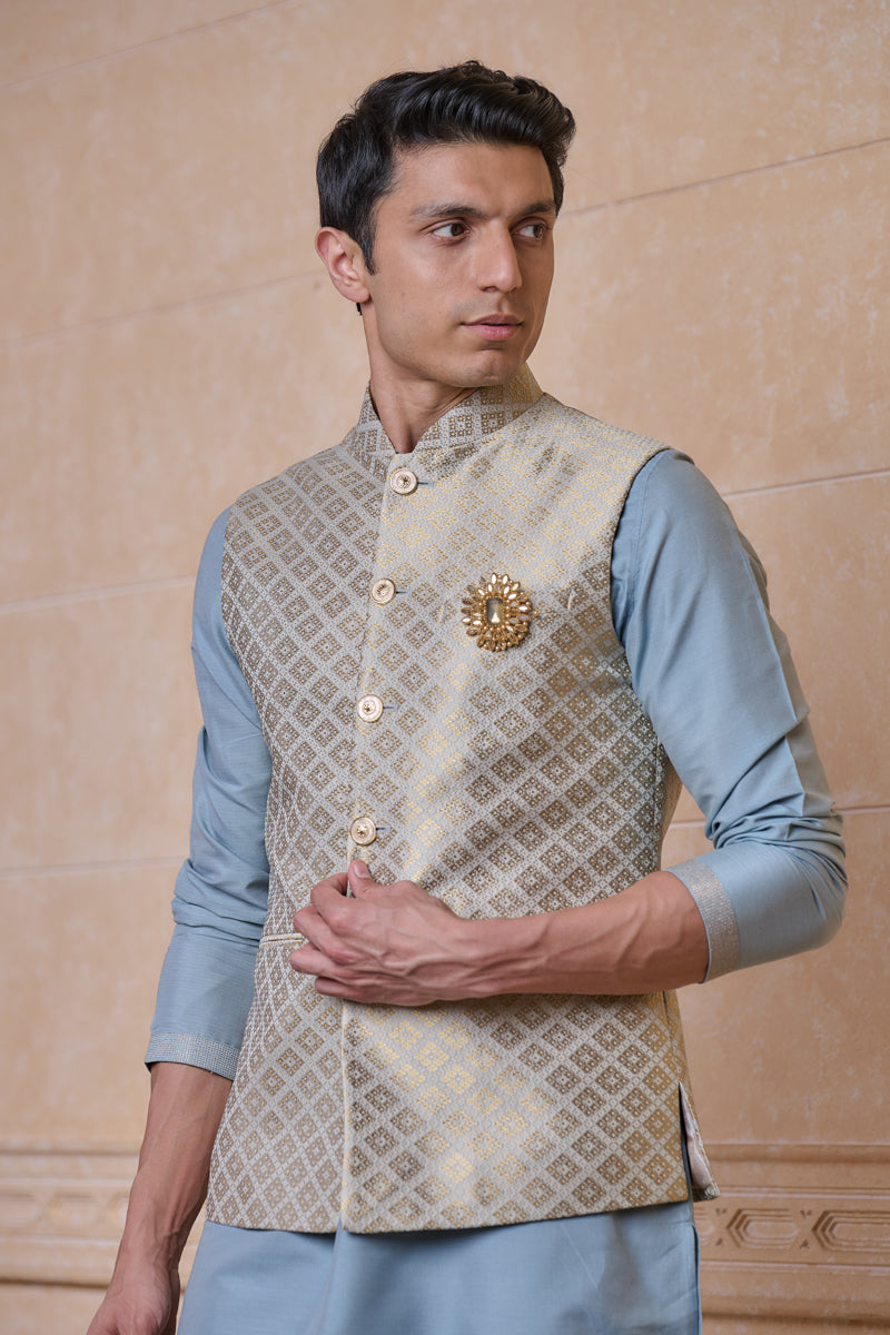 Light Blue Classic Brocade Kurta Bundi Set