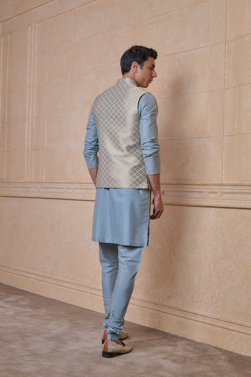 Light Blue Classic Brocade Kurta Bundi Set